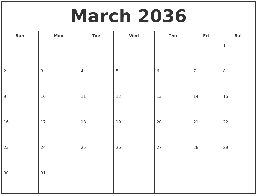 March 2036 Printable Calendar