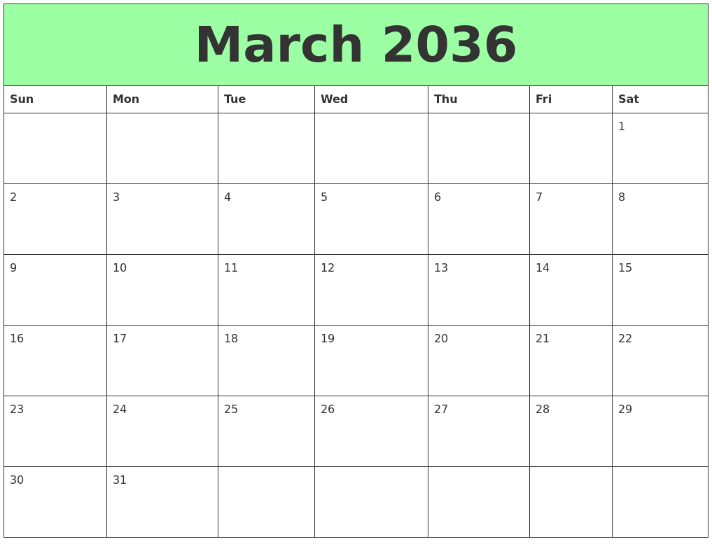March 2036 Printable Calendars