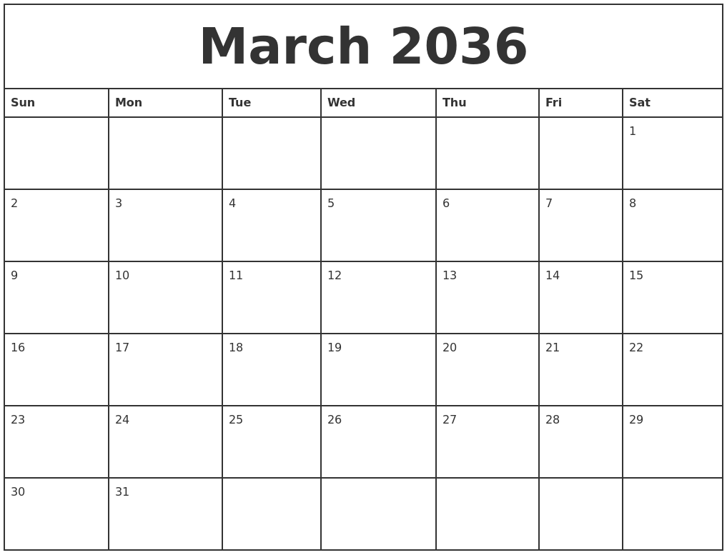 March 2036 Printable Monthly Calendar