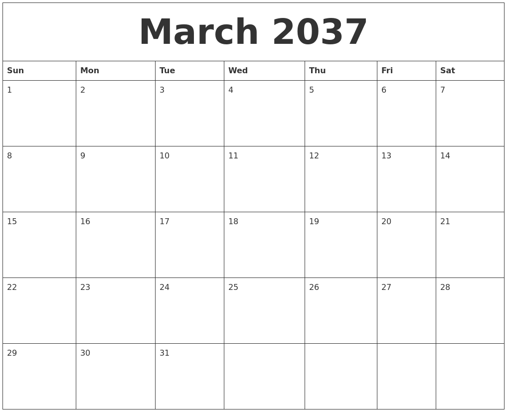 March 2037 Editable Calendar Template
