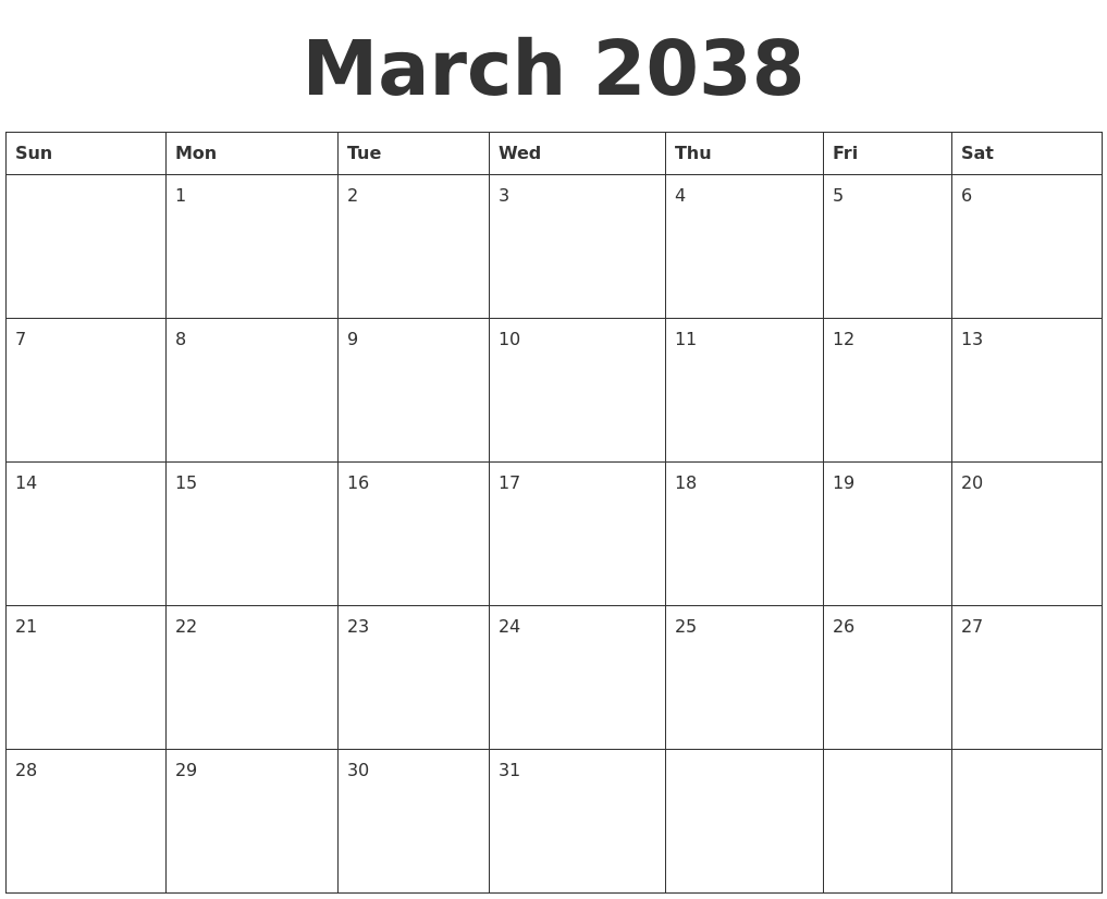March 2038 Blank Calendar Template