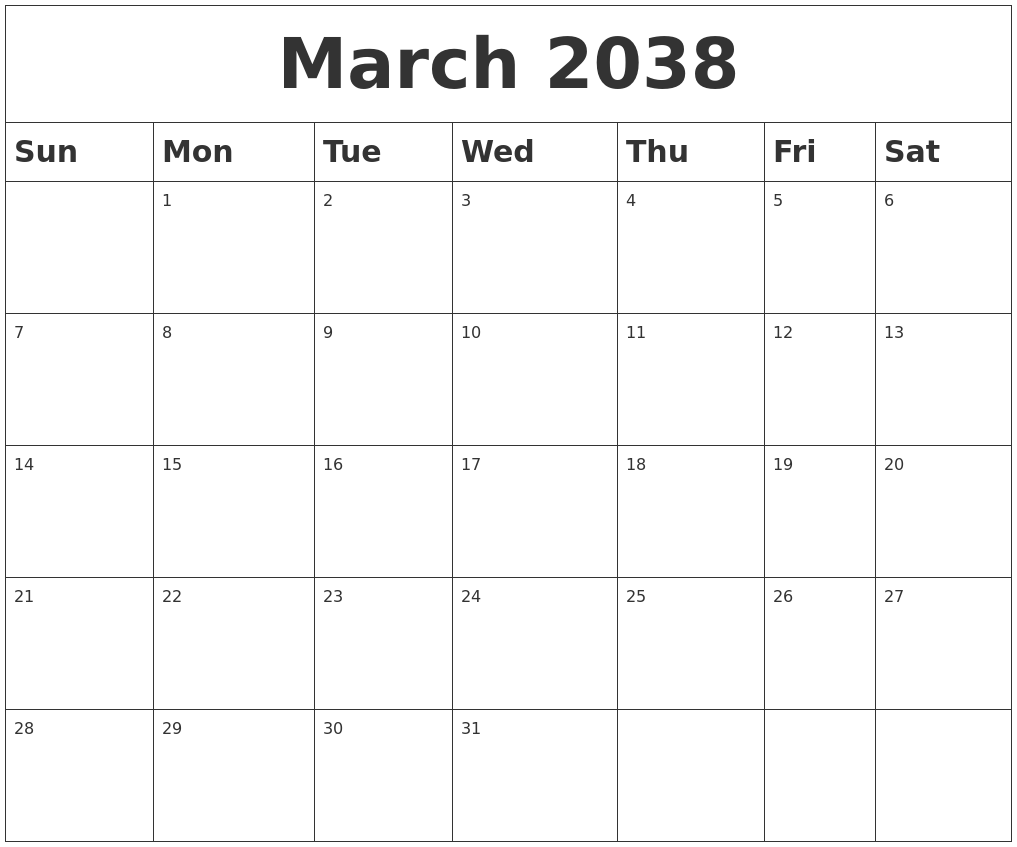 March 2038 Blank Calendar