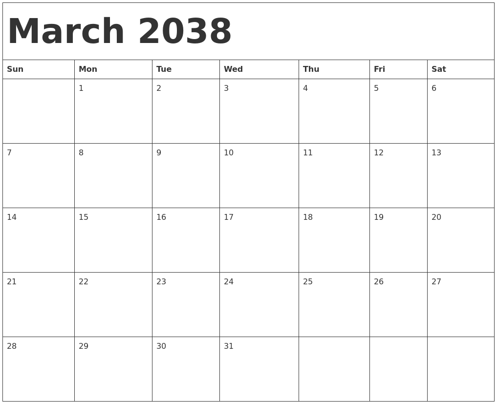 March 2038 Calendar Template