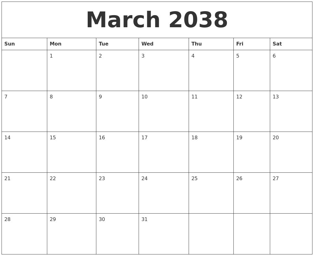 March 2038 Editable Calendar Template