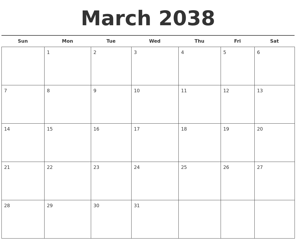 March 2038 Free Calendar Template