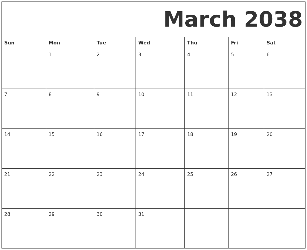 March 2038 Free Printable Calendar