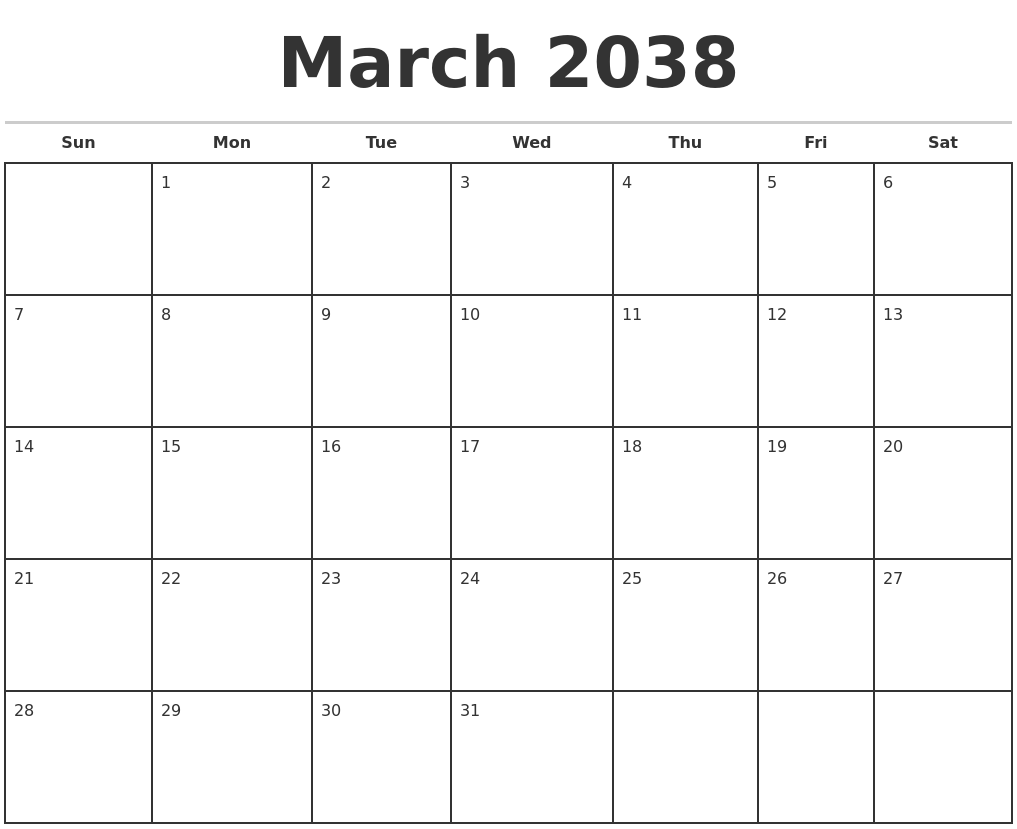 March 2038 Monthly Calendar Template