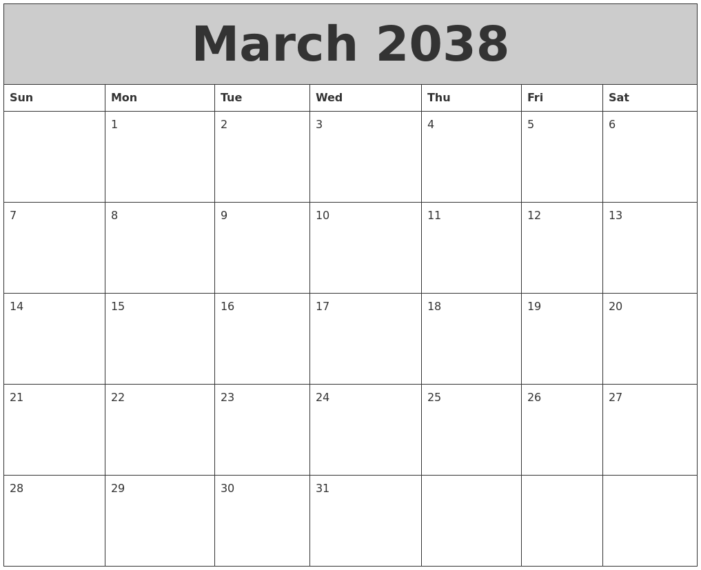 March 2038 My Calendar