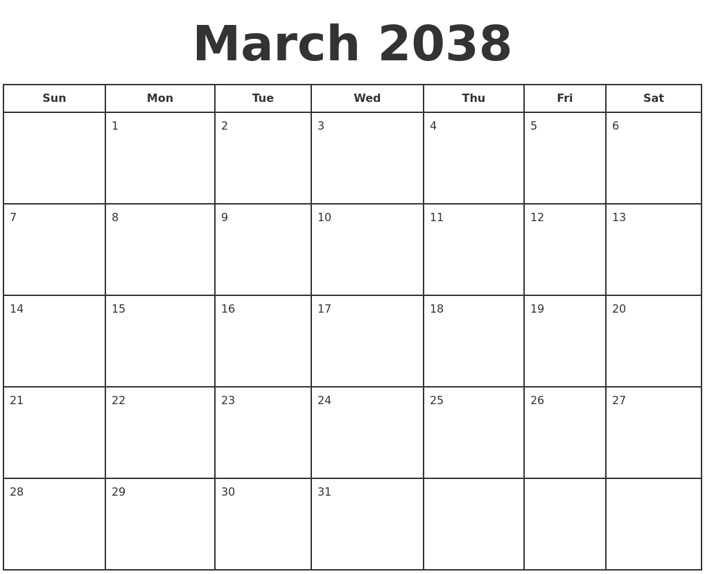 March 2038 Print A Calendar