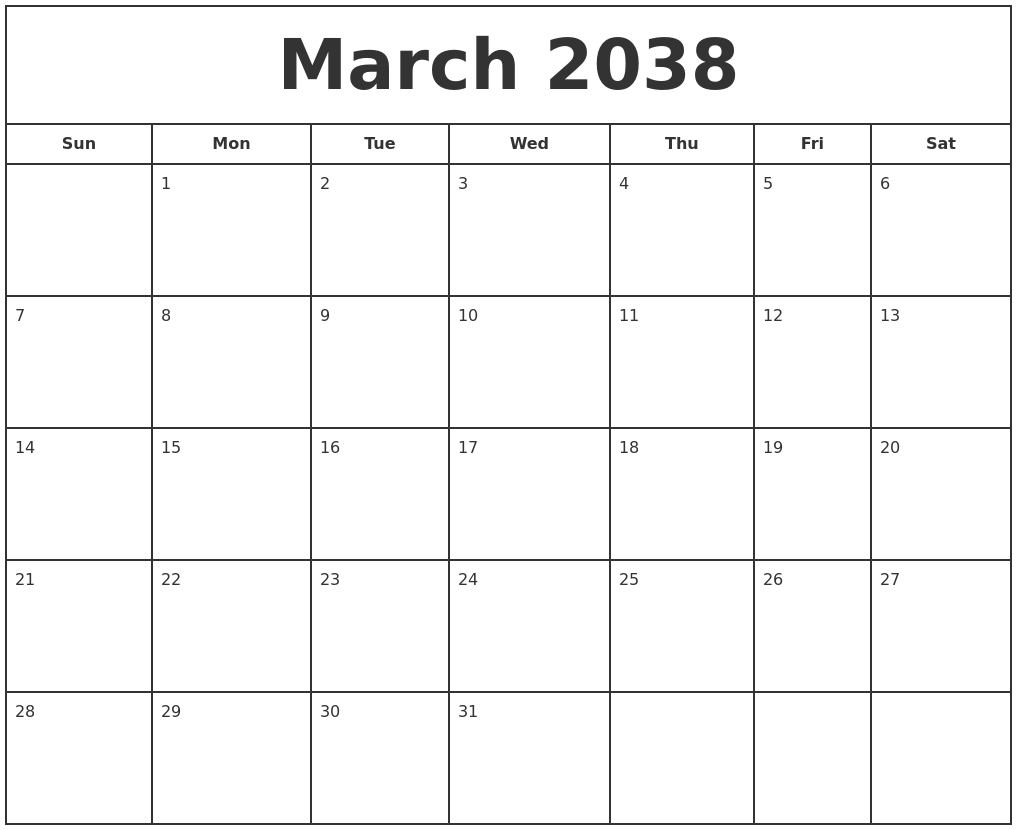 March 2038 Print Free Calendar