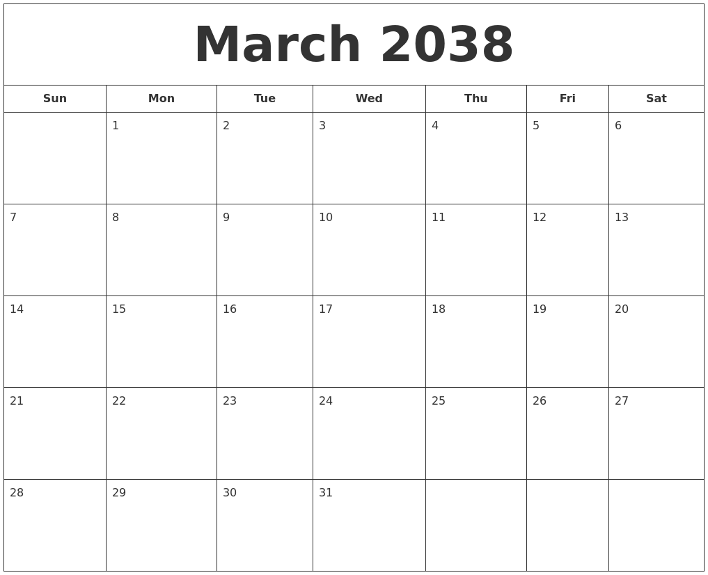 March 2038 Printable Calendar