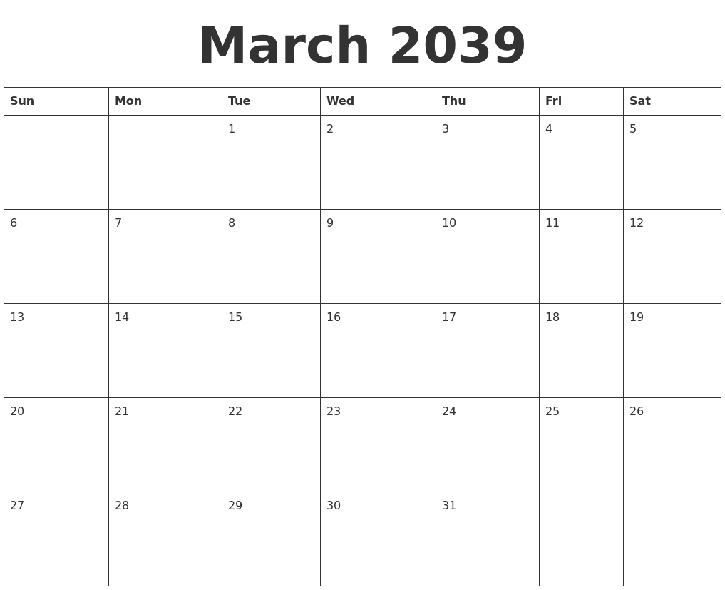 March 2039 Blank Calendar To Print