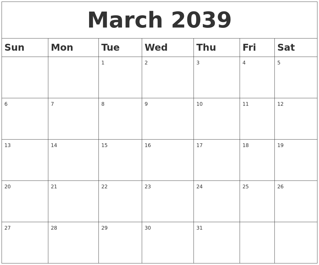 March 2039 Blank Calendar