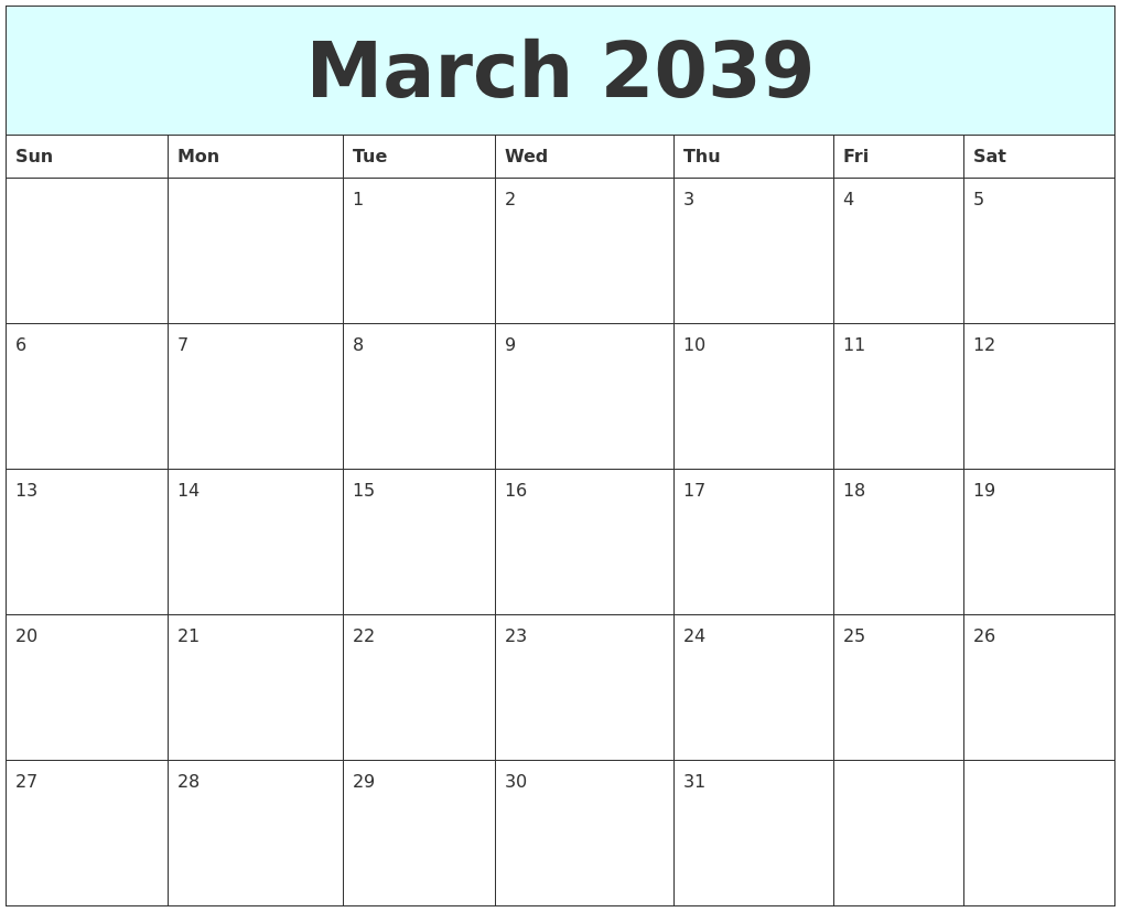 March 2039 Free Calendar