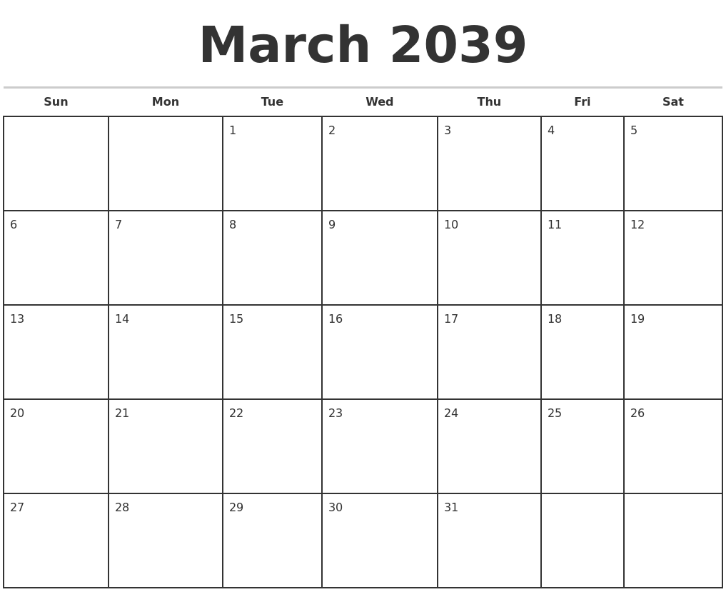 March 2039 Monthly Calendar Template