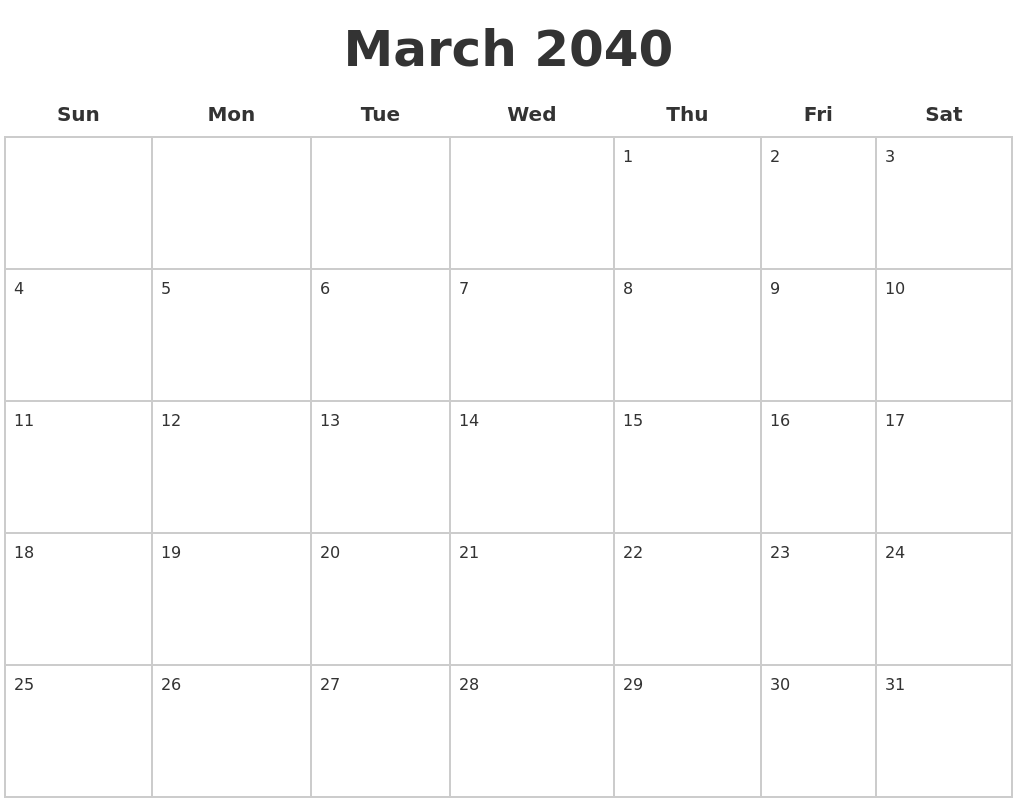 March 2040 Blank Calendar Pages