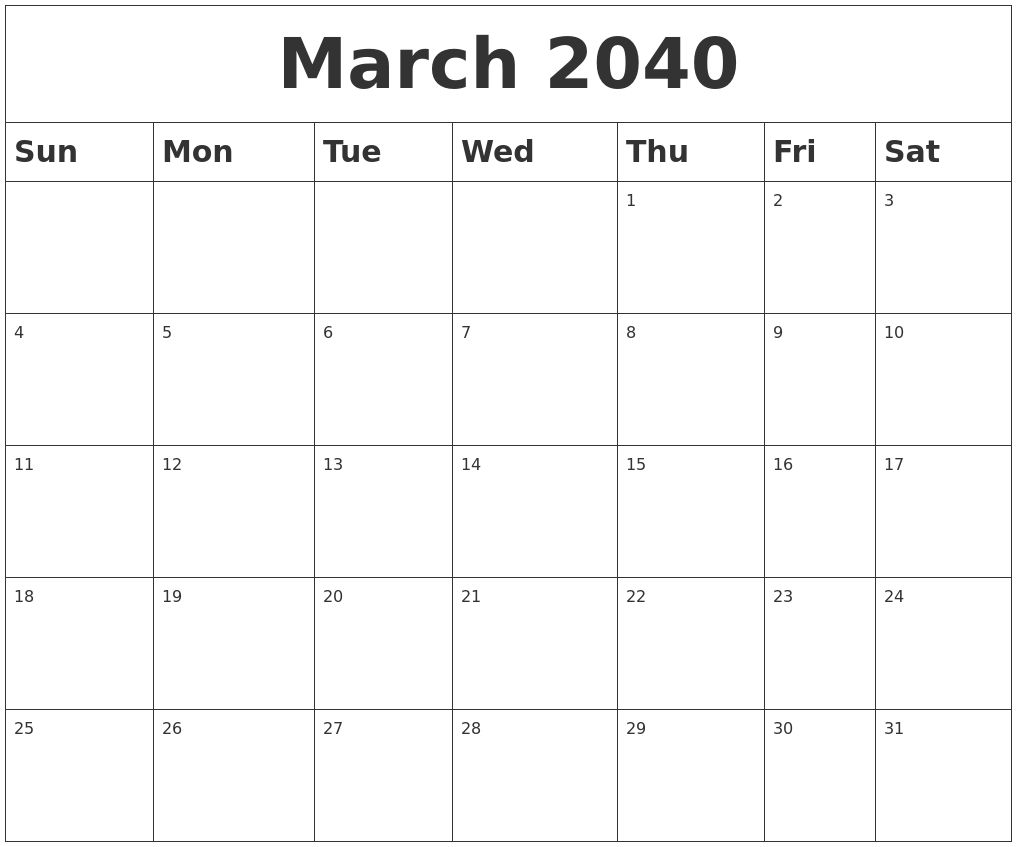 March 2040 Blank Calendar