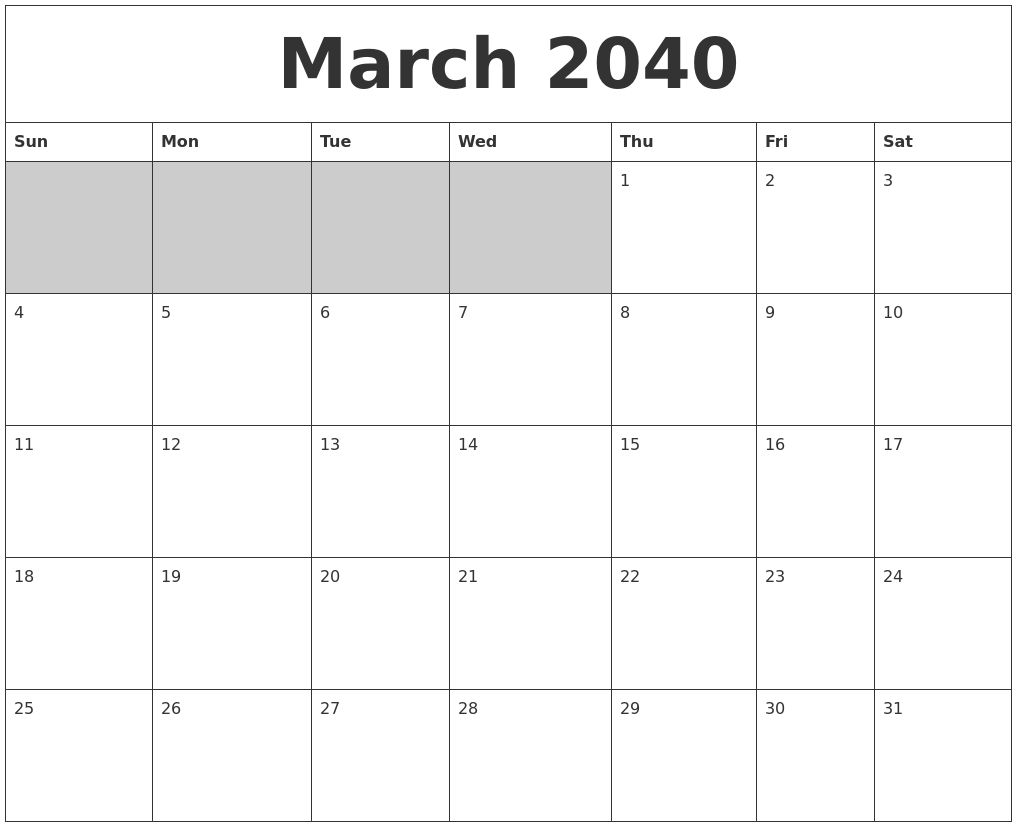 March 2040 Blank Printable Calendar