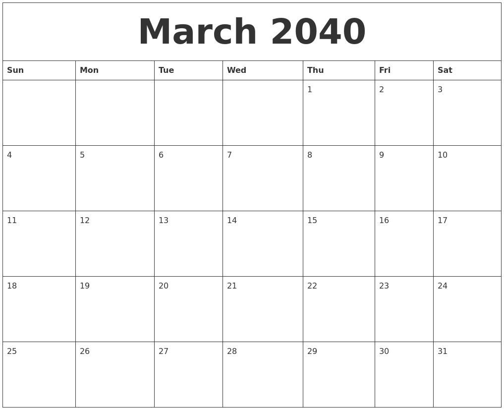 March 2040 Calendar Printable Free