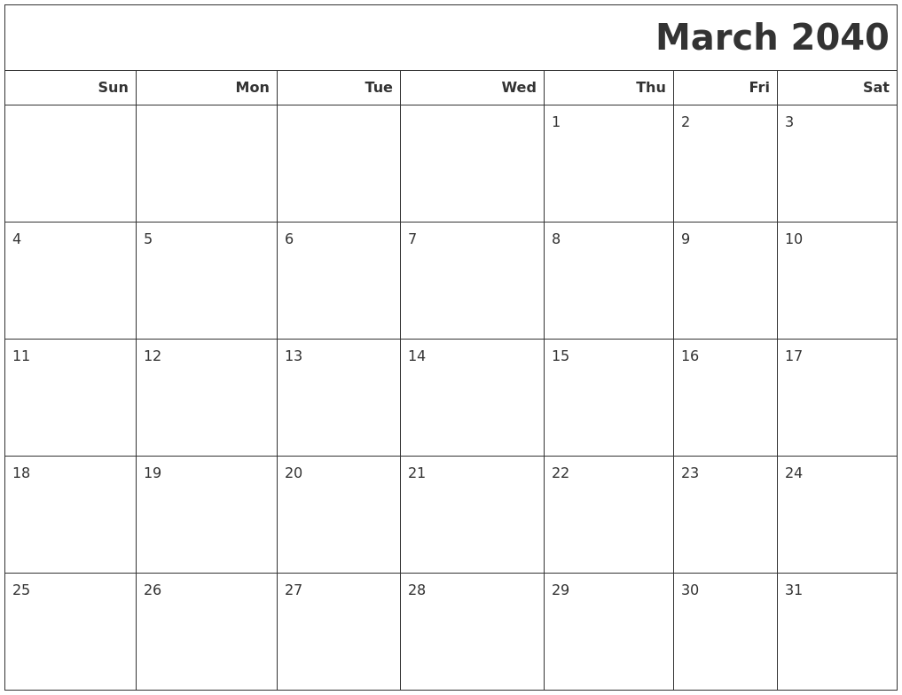 March 2040 Calendars To Print