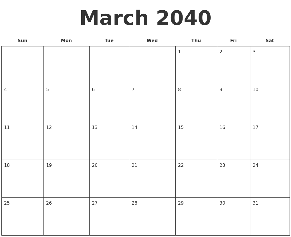 March 2040 Free Calendar Template