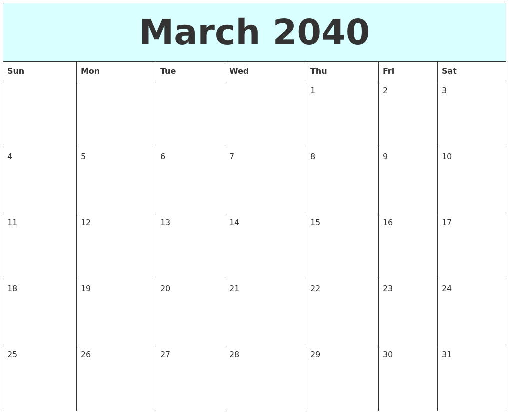 March 2040 Free Calendar