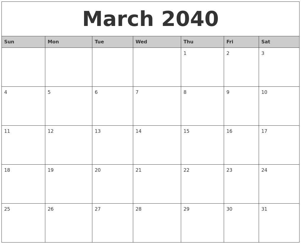 March 2040 Monthly Calendar Printable