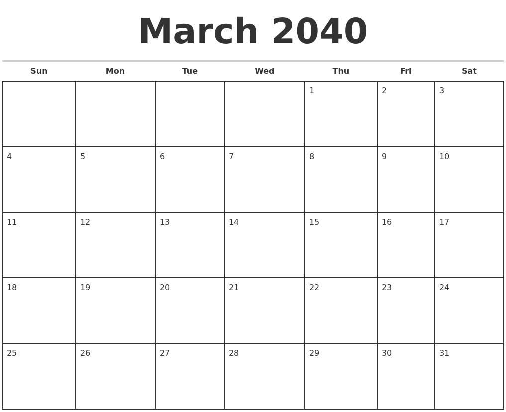 March 2040 Monthly Calendar Template