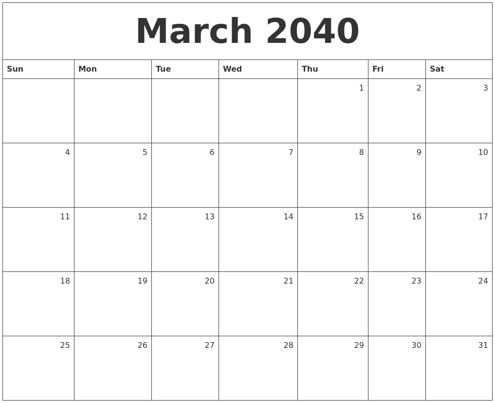 March 2040 Monthly Calendar
