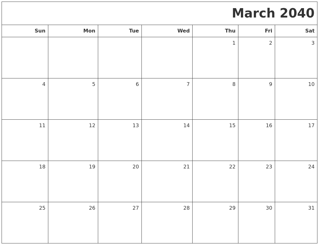 March 2040 Printable Blank Calendar