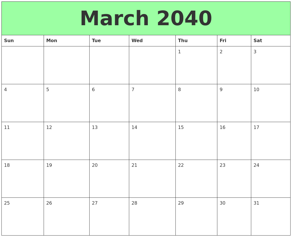 March 2040 Printable Calendars