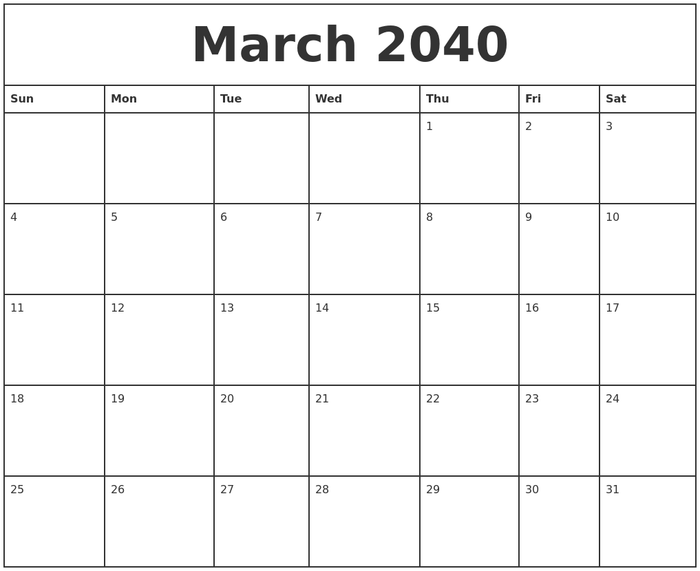 March 2040 Printable Monthly Calendar