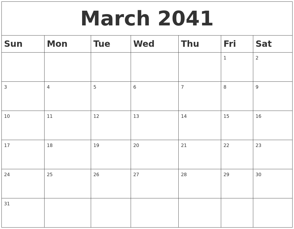 March 2041 Blank Calendar