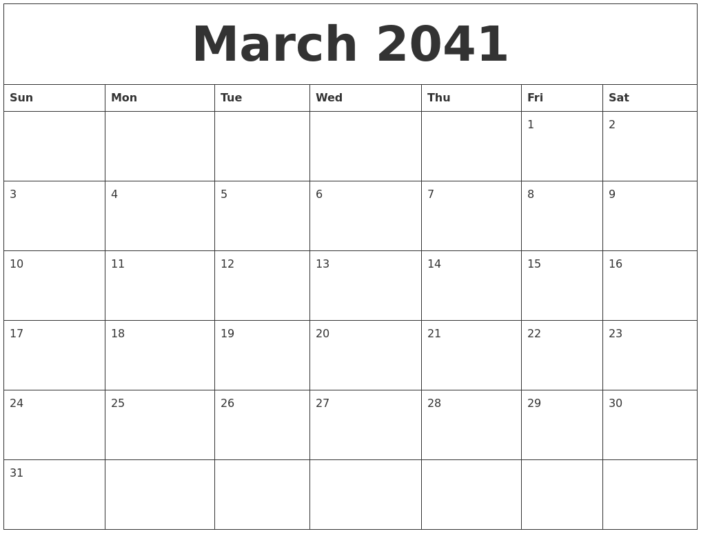 March 2041 Free Printable Calendar Templates March 2041 Free Printable Calendar Templates