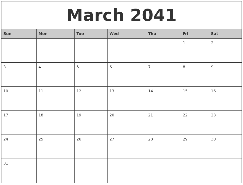 March 2041 Monthly Calendar Printable