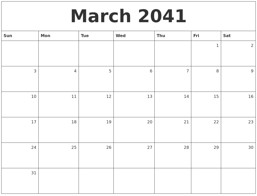 March 2041 Monthly Calendar