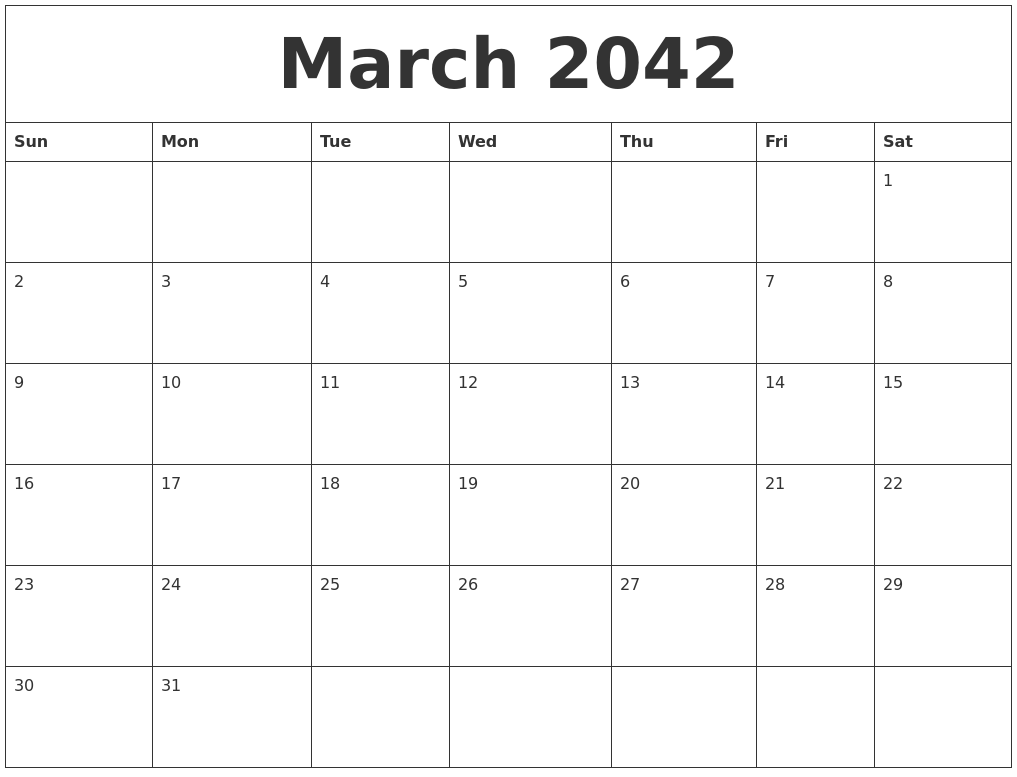 March 2042 Blank Calendar Printable