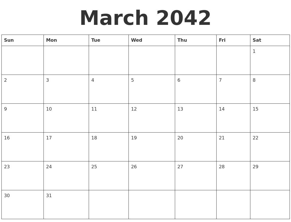 March 2042 Blank Calendar Template