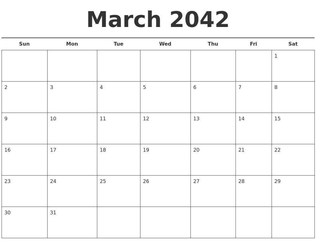 March 2042 Free Calendar Template