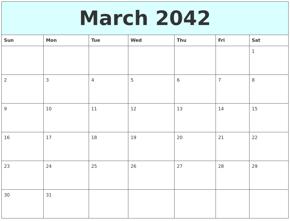 March 2042 Free Calendar
