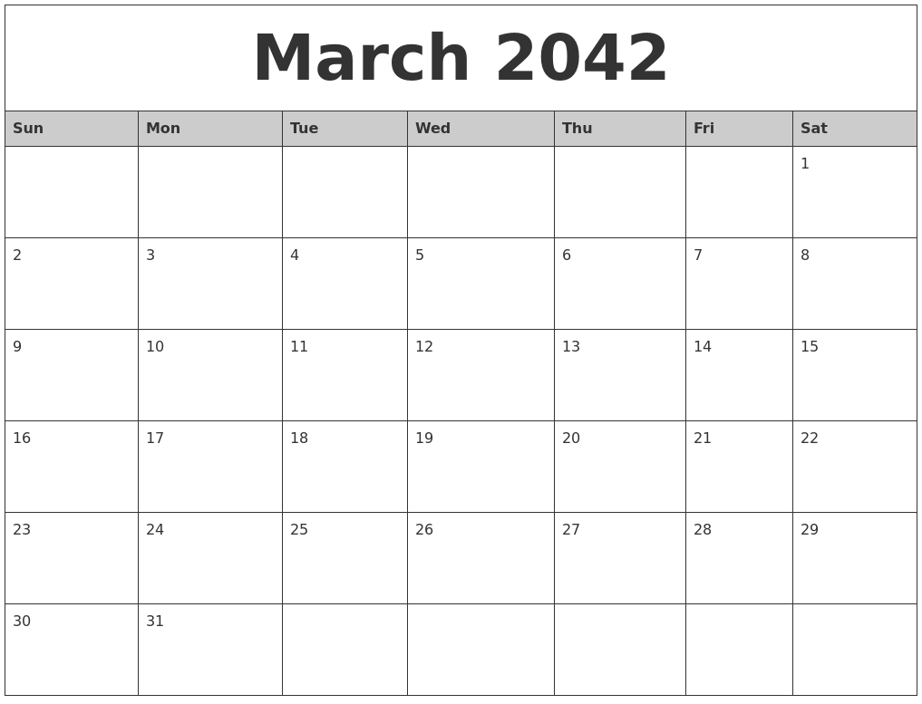 March 2042 Monthly Calendar Printable