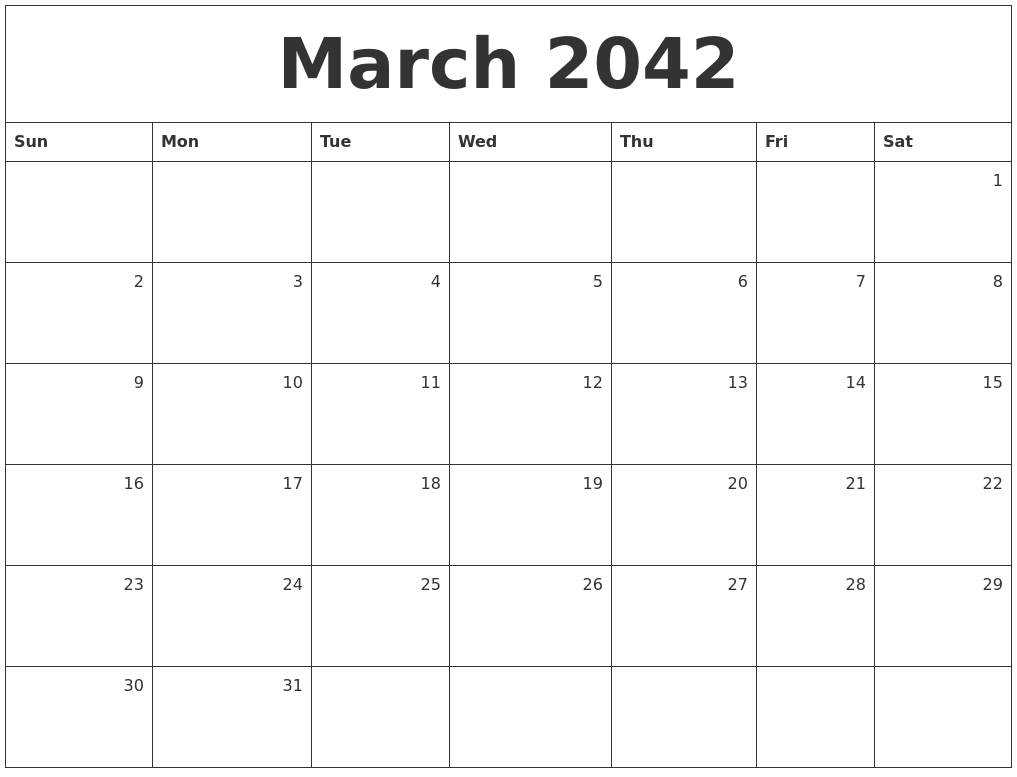 March 2042 Monthly Calendar