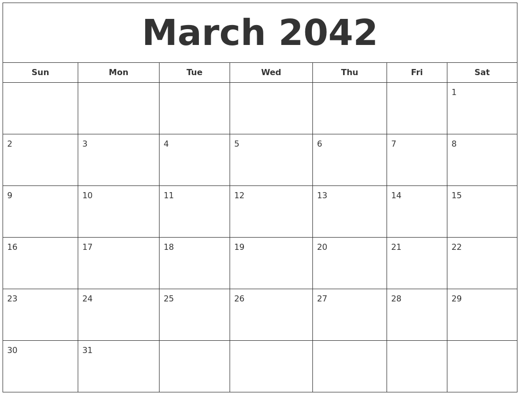March 2042 Printable Calendar