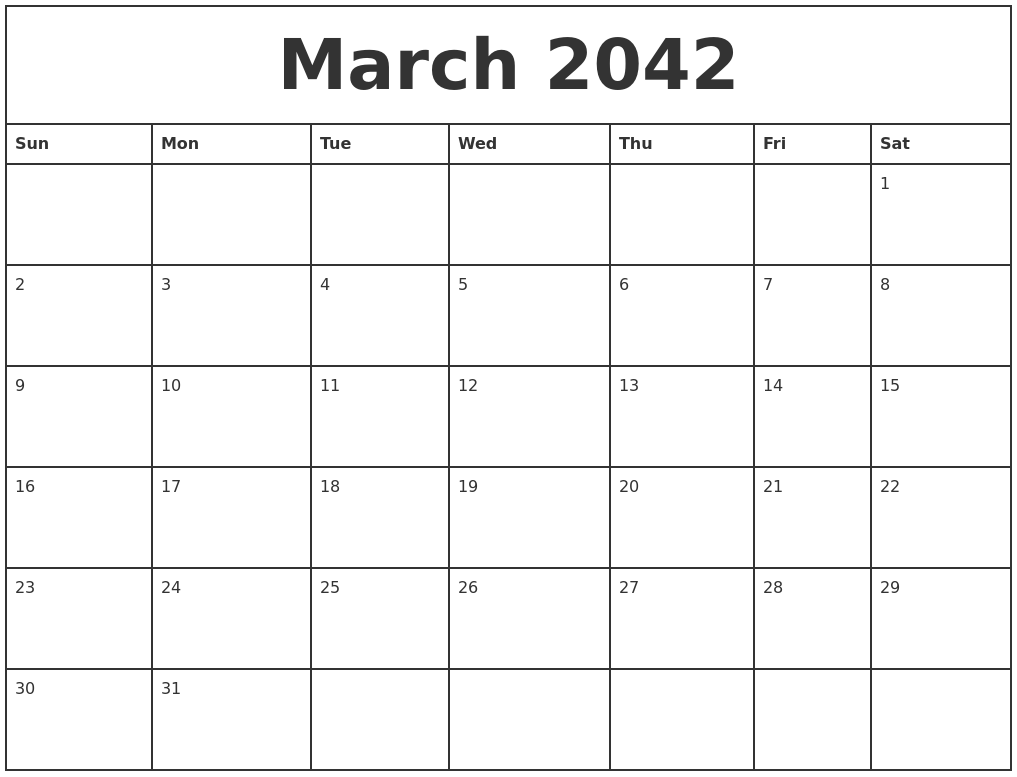 March 2042 Printable Monthly Calendar