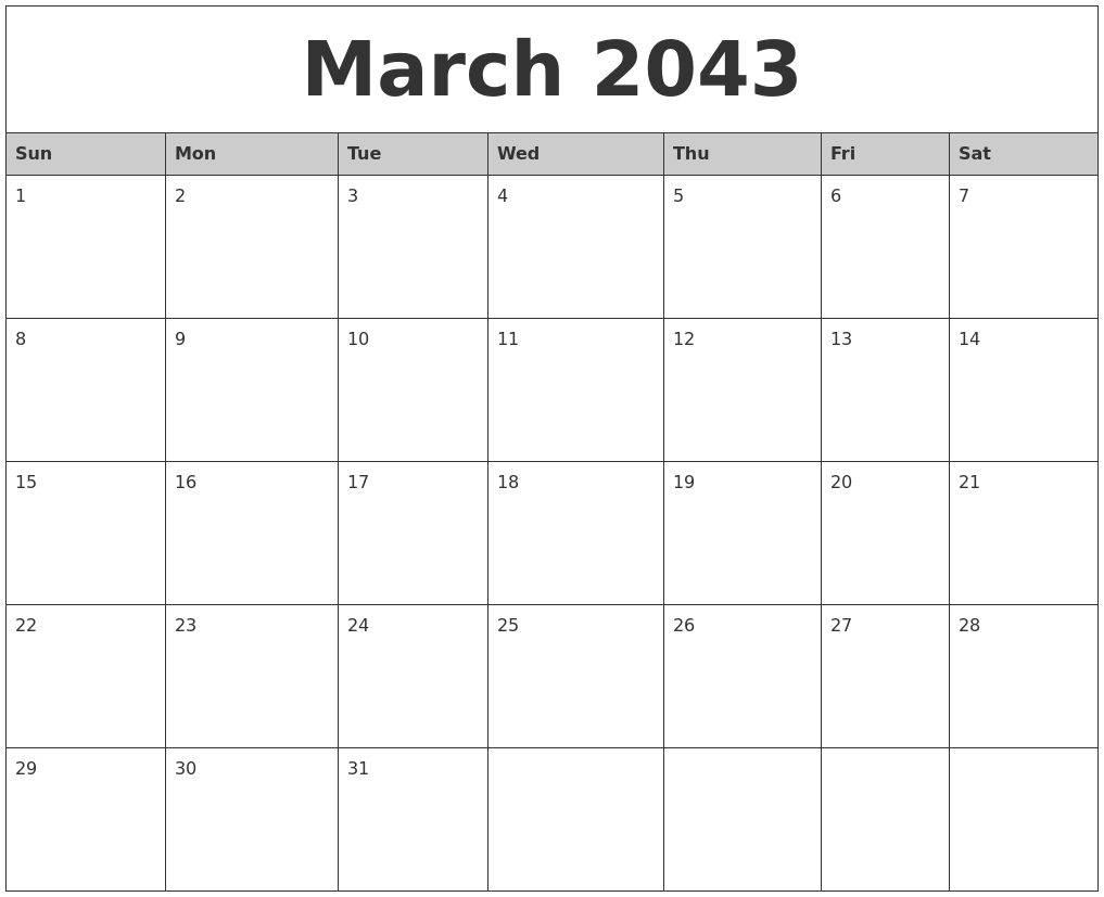 March 2043 Monthly Calendar Printable