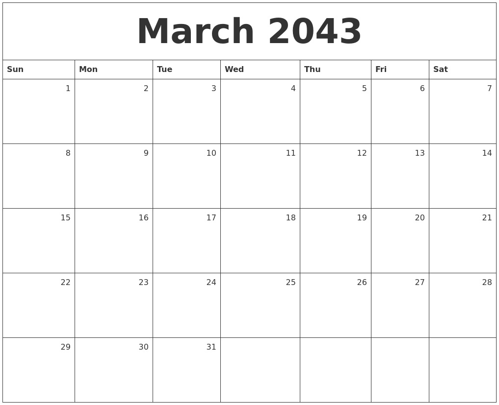 March 2043 Monthly Calendar