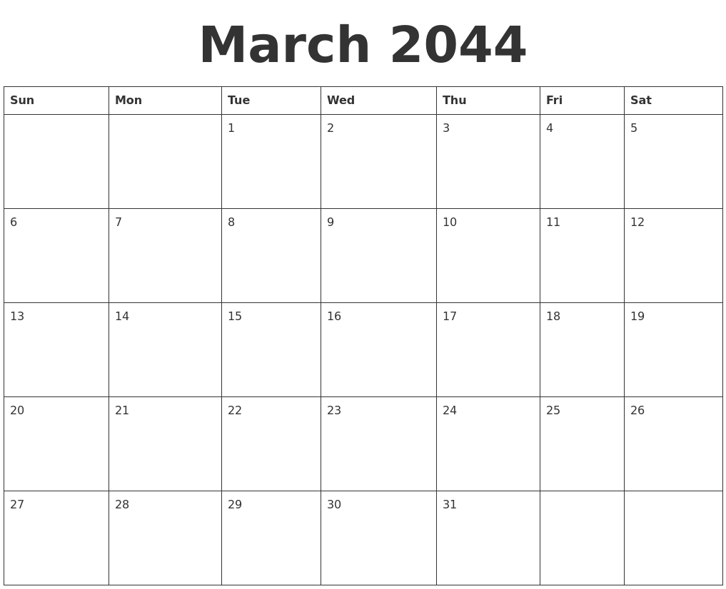 March 2044 Blank Calendar Template