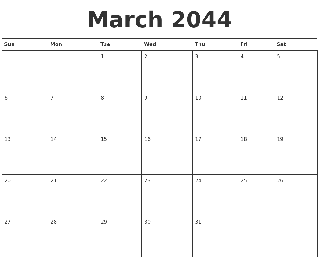 March 2044 Calendar Printable