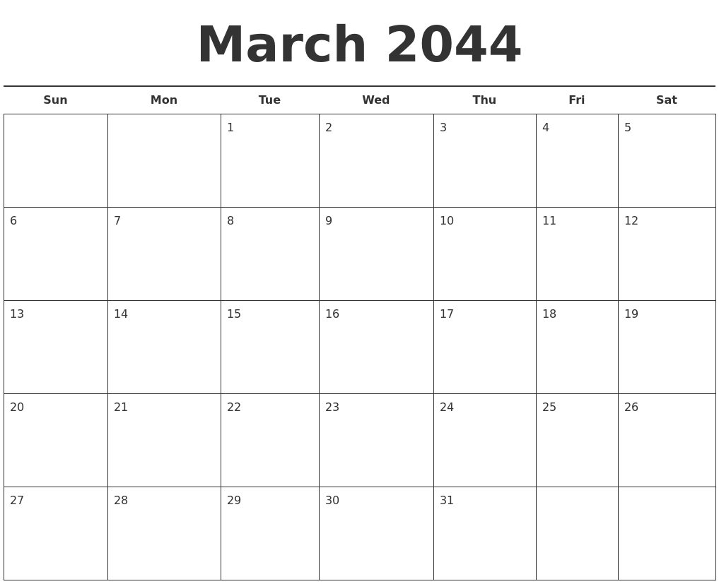 March 2044 Free Calendar Template