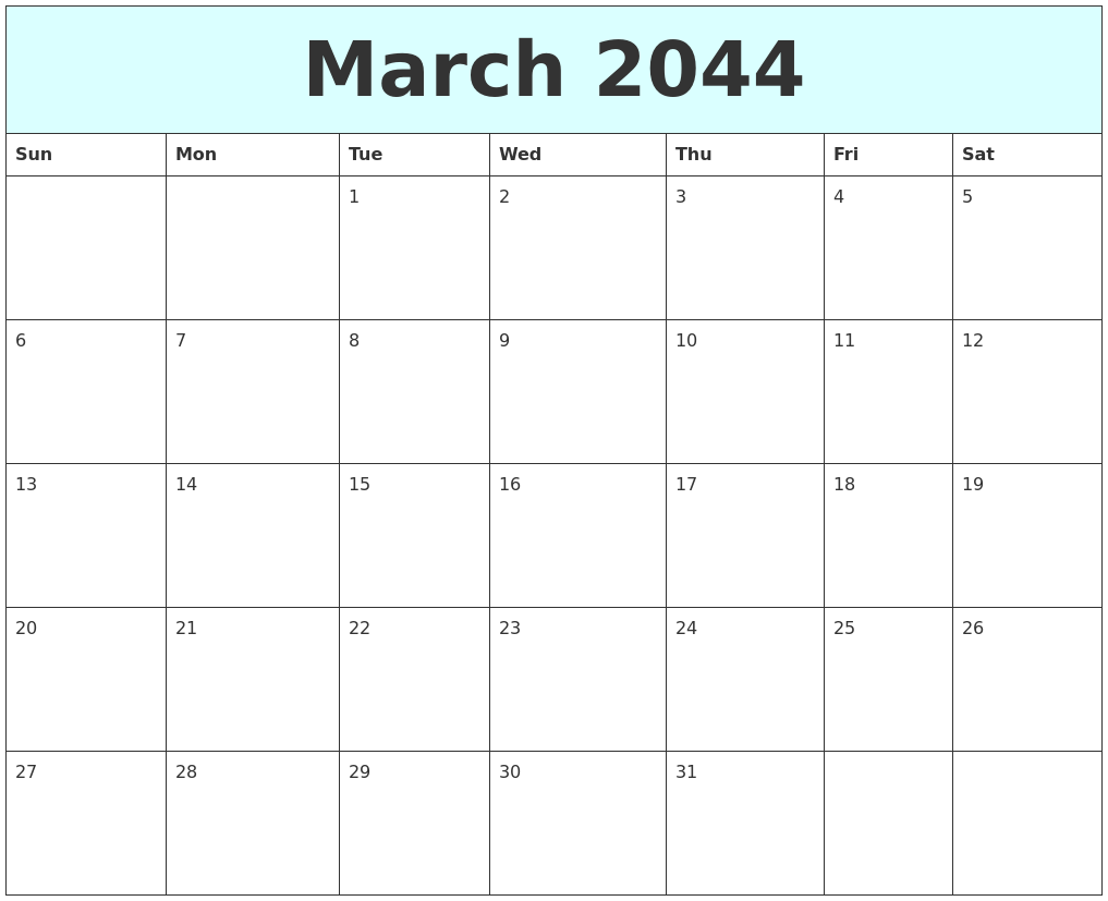 March 2044 Free Calendar